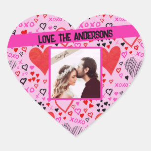 Adesivo Coração Corações, Padrão Rosa XOXO, Foto de Nome Personali