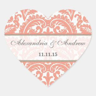 Adesivo Coração Coral Victorian Vintage Damask Heart Wedding Seal