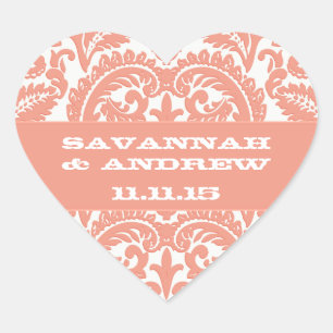 Adesivo Coração Coral Victorian Vintage Damask Heart Wedding Seal