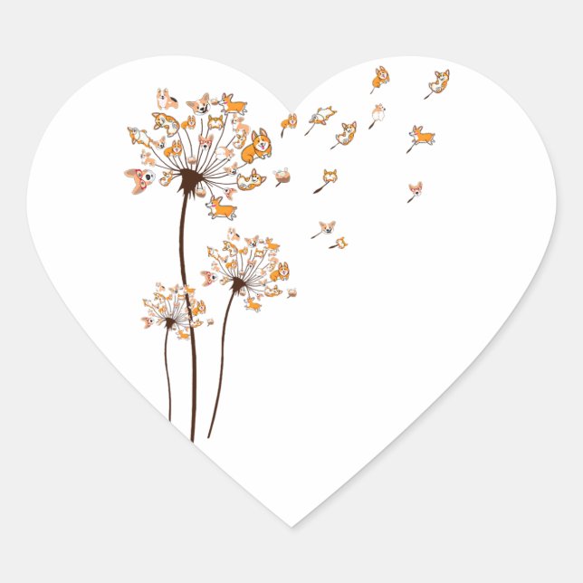 Adesivo Coração Corgi Flower Fly Dandelion Shirt Cute Dog Lover (Frente)