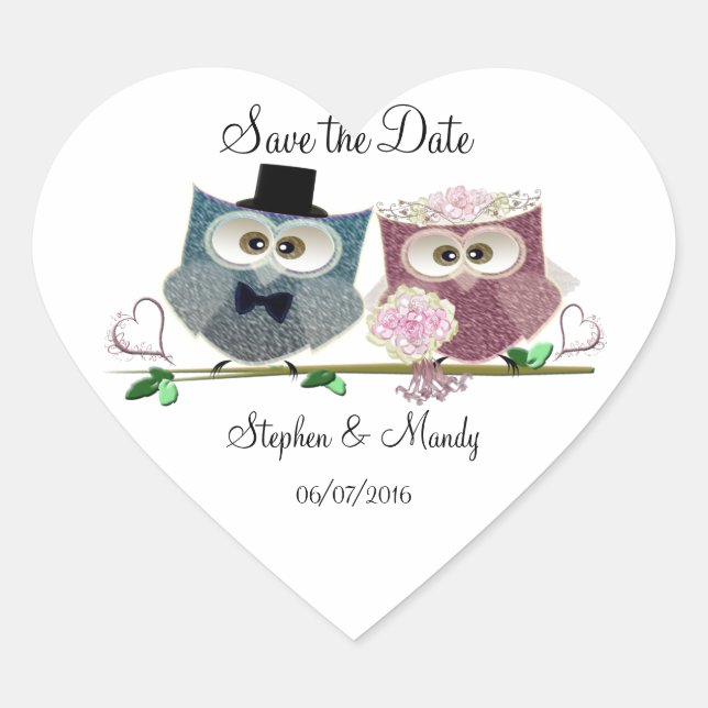 Adesivo Coração Corujas de Casamento Bonitas (Frente)
