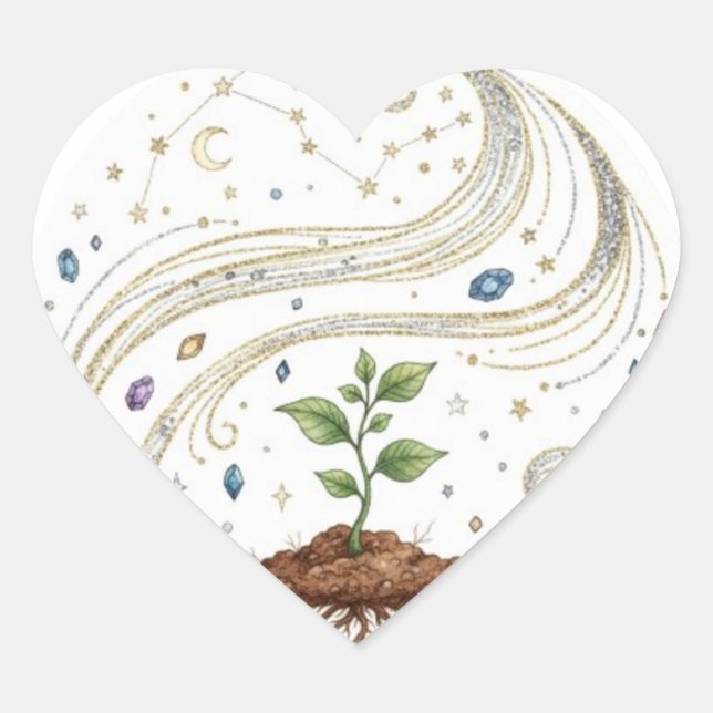 Adesivo Coração Cosmic Growth Nature Plant with Roots and Stars  (Frente)