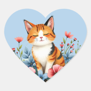 Adesivo Coração Cottagecore Floral Cat Serene Felina Botânica