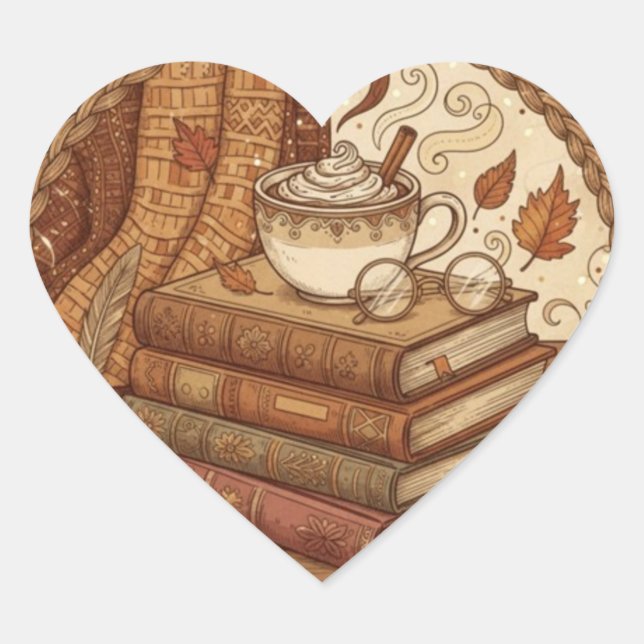 Adesivo Coração Cozy Autumn Books and Coffee Illustration (Frente)