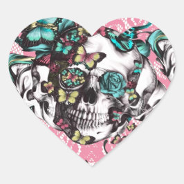 Adesivo Coração Crânio de rosa floral com borboletas.