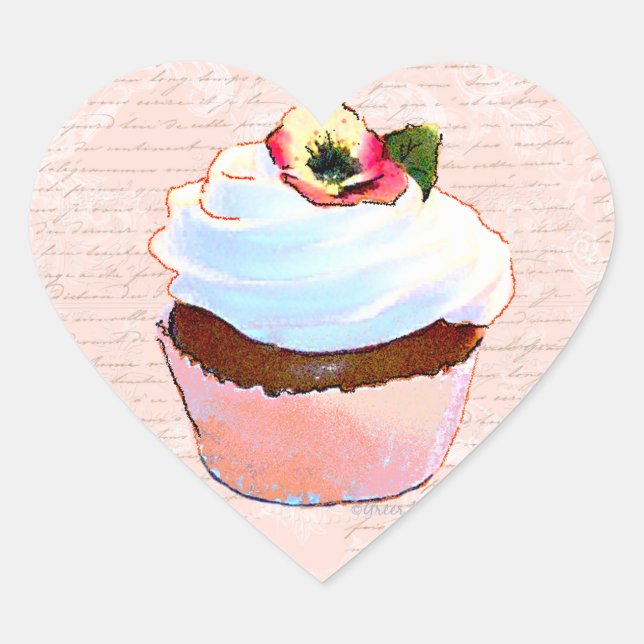 Adesivo Coração Cupcake com Design Pansy Art (Frente)