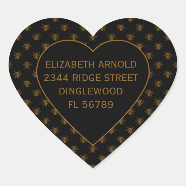 Adesivo Coração Custom Name Gold Metallic Foil Bees on Black (Frente)