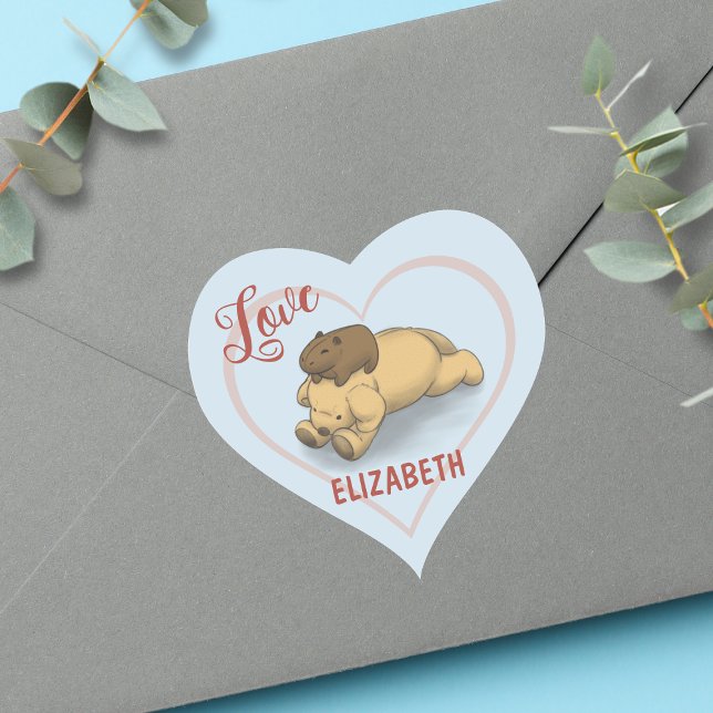 Adesivo Coração Cute Capybara e Puppy Blue Name (Spread love with our adorable capybara and puppy sticker.)