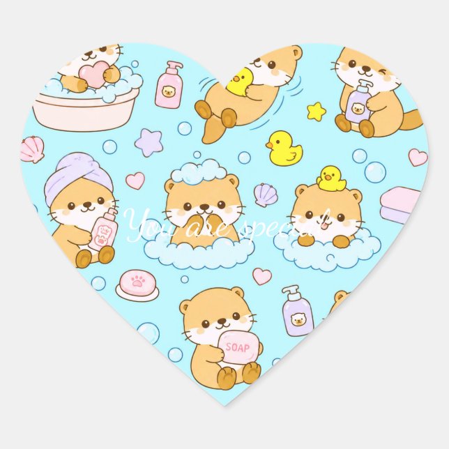 Adesivo Coração Cute Kawaii Animal Bath Time Pattern | Blue Pastel (Frente)