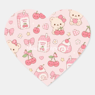 Adesivo Coração Cute Kawaii Bear Cherry Pattern | Pink Pastel 