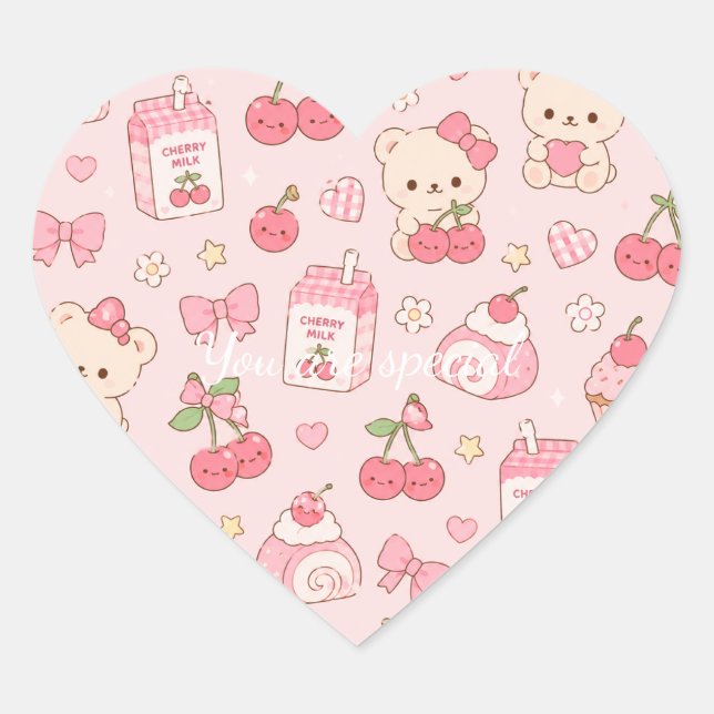 Adesivo Coração Cute Kawaii Bear Cherry Pattern | Pink Pastel  (Frente)