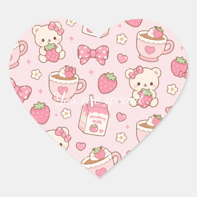 Adesivo Coração Cute Kawaii Bear Strawberry Tea Pattern | Pink  (Frente)