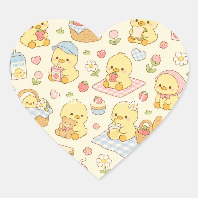 Adesivo Coração Cute Kawaii Chick Picnic Pattern | Pastel Spring  (Frente)