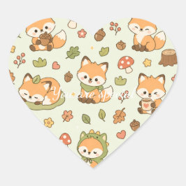 Adesivo Coração Cute Kawaii Fox Woodland Pattern | Autumn Forest 