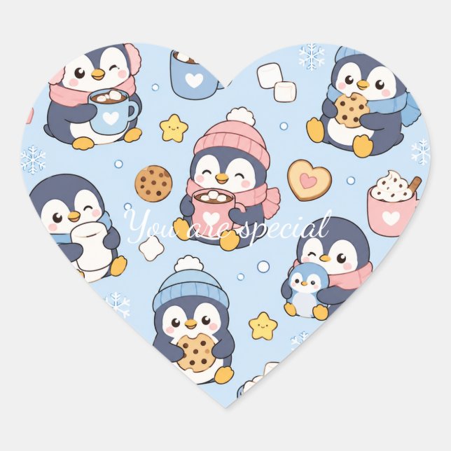Adesivo Coração Cute Kawaii Penguin Winter Pattern | Cozy Hot Coco (Frente)