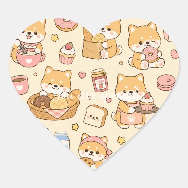 Adesivo Coração Cute Kawaii Shiba Bakery Pattern | Cozy Breakfast  (Frente)