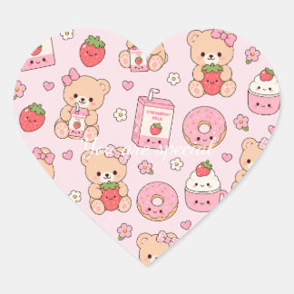Adesivo Coração Cute Kawaii Strawberry Teddy Bear Pattern | Pink 