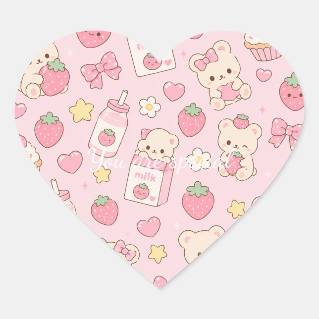 Adesivo Coração Cute Kawaii Teddy Bear Strawberry Pattern | Pink  (Frente)