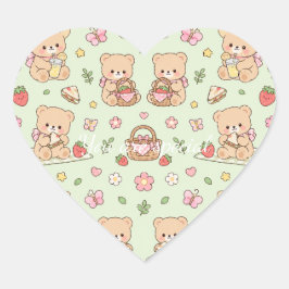 Adesivo Coração Cute Kawaii Teddy Bear Strawberry Picnic Pattern 