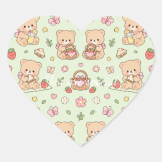 Adesivo Coração Cute Kawaii Teddy Bear Strawberry Picnic Pattern 