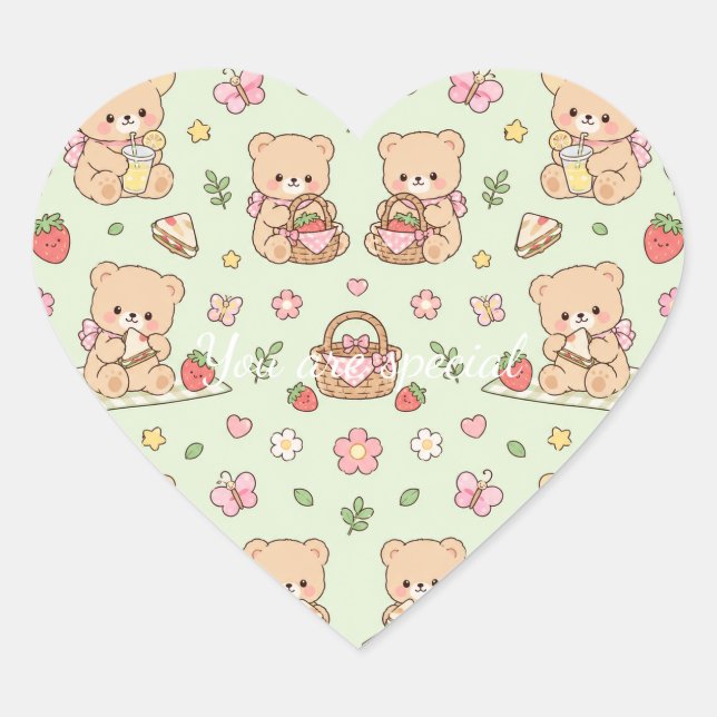 Adesivo Coração Cute Kawaii Teddy Bear Strawberry Picnic Pattern  (Frente)