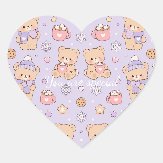 Adesivo Coração Cute Kawaii Winter Teddy Bear Pattern | Purple  (Frente)