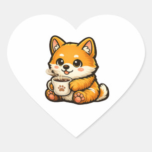 Adesivo Coração Cute Shiba Inu com Café – Ilustração de Cachorro A