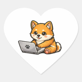 Adesivo Coração Cute Shiba Inu com Laptop – Ilustração de Cachorro