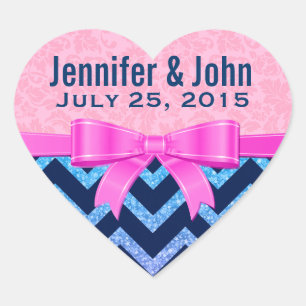 Adesivo Coração Damascos cor-de-rosa azuis de Chevron do brilho