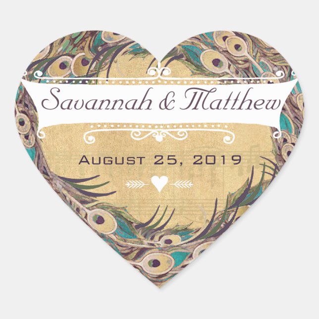 Adesivo Coração Damask Peacock Elegance EggPlant Dourada e Aqua (Frente)