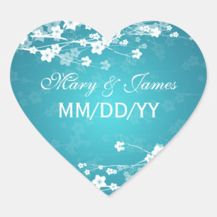 Adesivo Coração Data de Casamento Elegante Azul Cereja Blossom