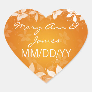 Adesivo Coração Data de Casamento Floral Blooms Exóticos Laranja