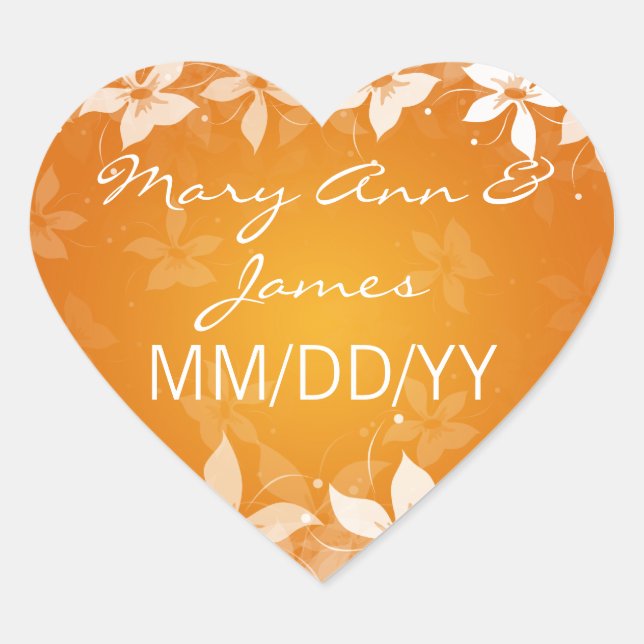 Adesivo Coração Data de Casamento Floral Blooms Exóticos Laranja (Frente)