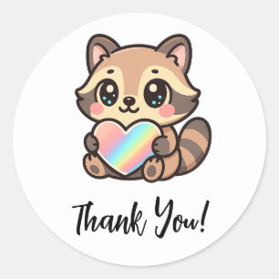 Adesivo Coração de Arco-Íris Fofo Feliz Kawaii Guaxinim Ob