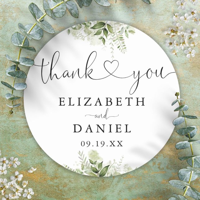 Adesivo Coração de Verdura Rótulo de Agradecimento Present (Greenery Heart Script Thank You Wedding Favor Classic Round Sticker)