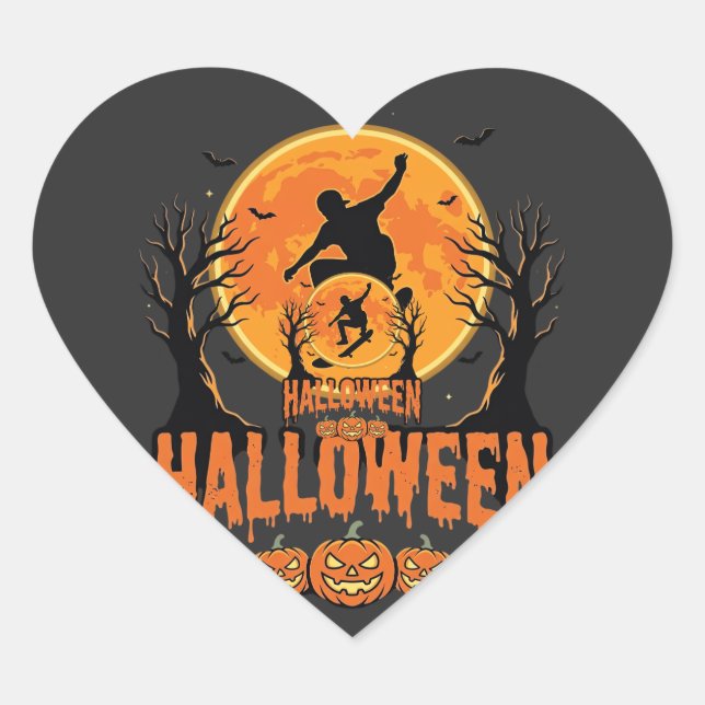 Adesivo Coração Design de Lua de Skateboard de Halloween (Frente)