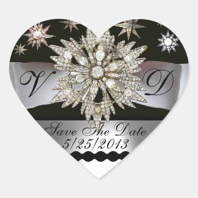 ADESIVO CORAÇÃO DIAMOND STARS BLACK WHITE RIBBON MONOGRAM HEART (Frente)