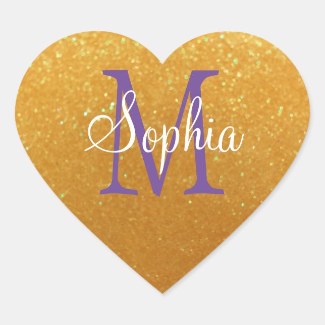 Adesivo Coração DIY Name & Monogramas, Dourada Glitter, Branco, Pu (Frente)