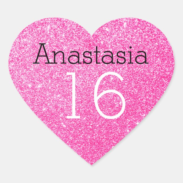 Adesivo Coração Doce 16 Nome Idade Preto e Glitter Rosa Quente Bri (Frente)