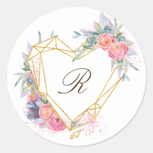 Adesivo coração dourado floral rosa monograma elegante
