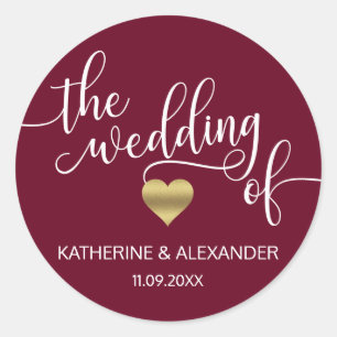 Adesivo Coração Dourado moderno Borgonha o CASAMENTO dos