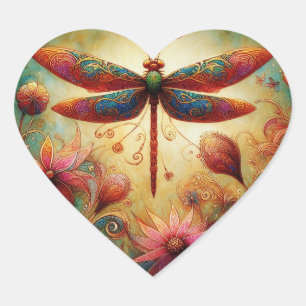 Adesivo Coração Dragonfly Floral Abstrato-Art Teal Rosa