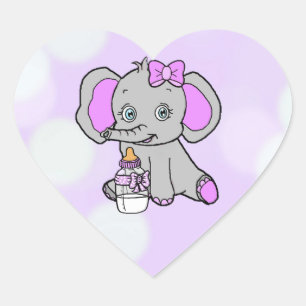 Adesivo Coração Elefante roxo e bonito com garrafa de bebê