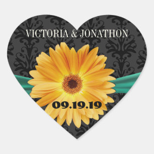 Adesivo Coração Elegante Emerald Green Yellow Gerber Daisy Wedding