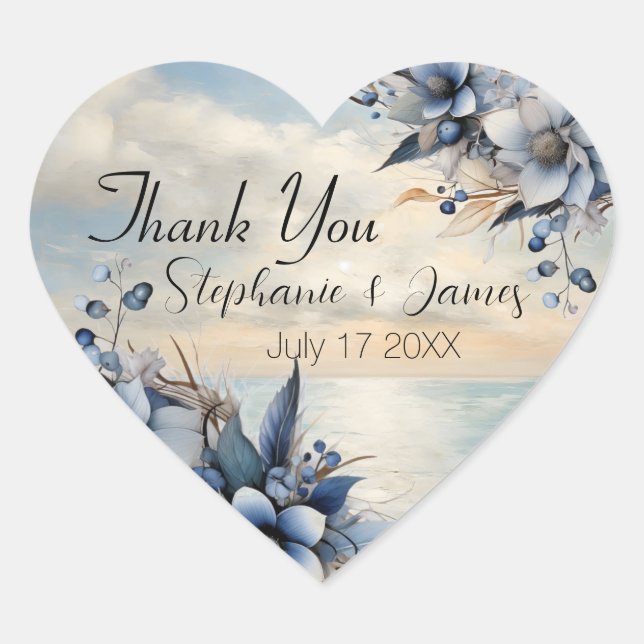 Adesivo Coração Elegante Sutil Sunset e Floral Weding Obrigado (Frente)