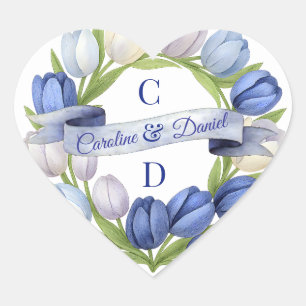 Adesivo Coração Elegante Watercolor Tulip Wreath Casamento Blue Iv