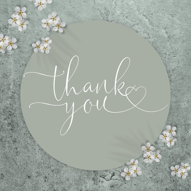 Adesivo Coração em Verde Salvia Script Obrigado (Sage Green Heart Script Thank You Classic Round Sticker)