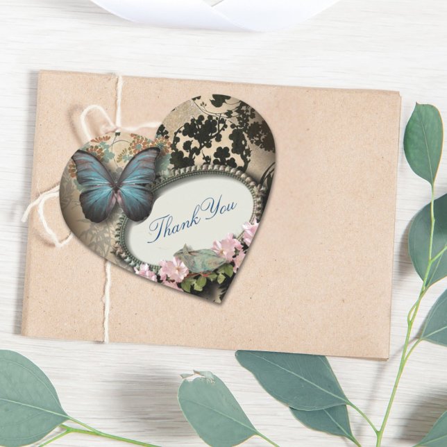 Adesivo Coração Ephemera floral vitoriano da borboleta (steampunk Ephemera floral Butterfly victorian Heart Sticker)