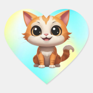 Adesivo Coração Estilo de Cartoon de Gato Laranja Bonito - 89738