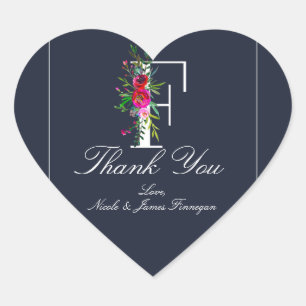 Adesivo Coração F Monograma Última Inicial Moderna Floral Azul Cas